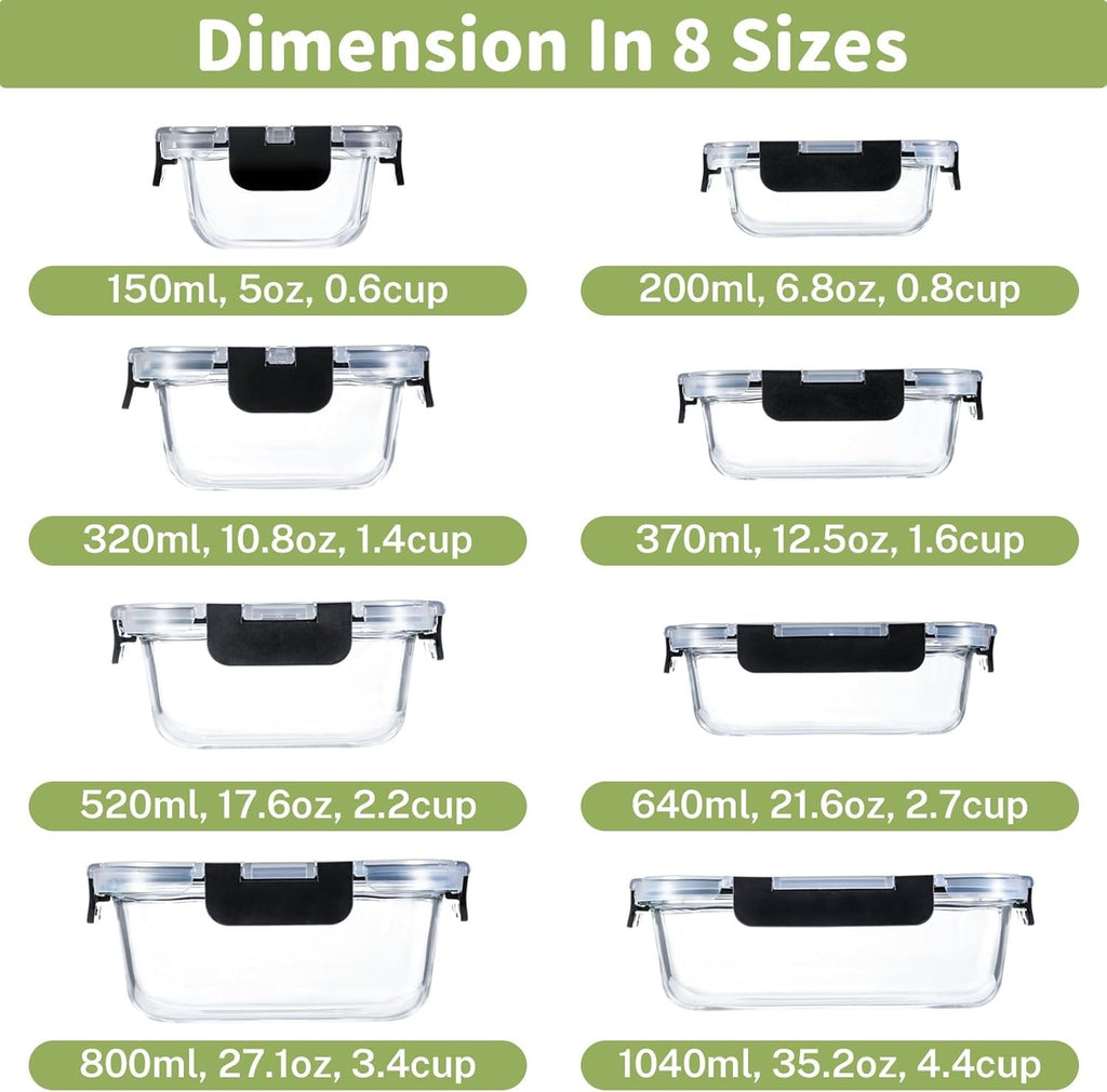 8-Pack Borosilicate Glass Food Storage Containers with Lids